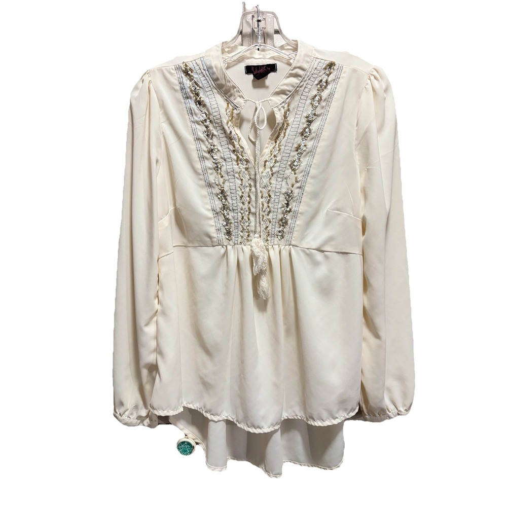It's Pink Chiffon Cream Tie/Tassel Neck Blouse Size M Long Sleeve Sequin Metalli